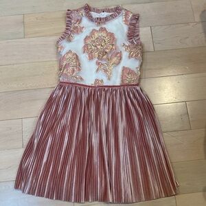 David Charles gold pink roses velvet ruffle trim pleated dress